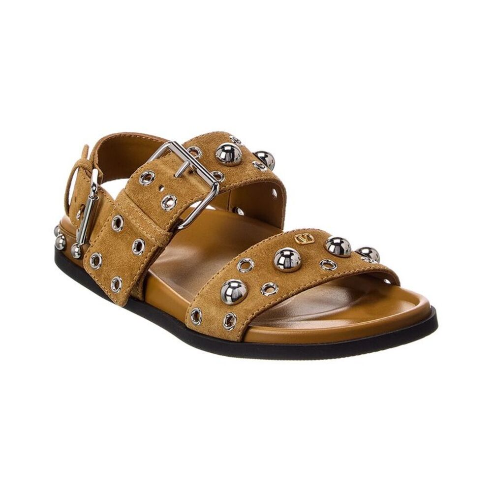 Valentino Logo Suede Sandal, Tan